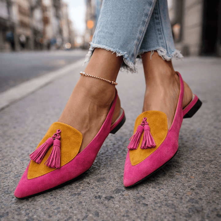 Lorena | Bicolor Suede & Pompon Flat Mules