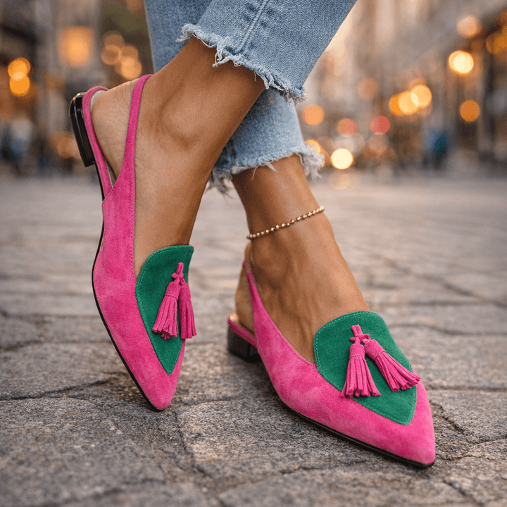 Lorena | Bicolor Suede & Pompon Flat Mules