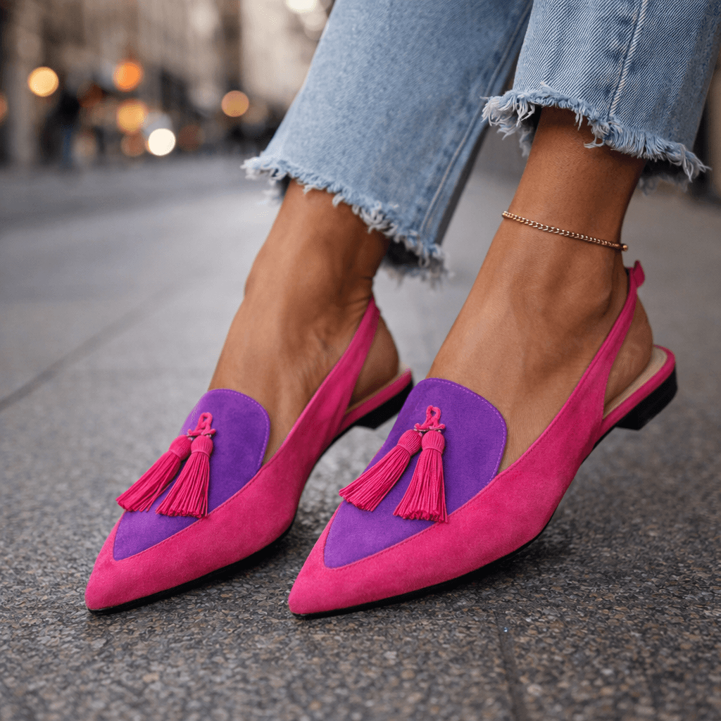 Lorena | Bicolor Suede & Pompon Flat Mules