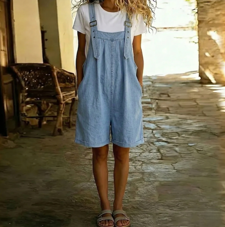 Saylor - Vintage Washed Soft Cotton Feel Denim Short Overall Light Blue