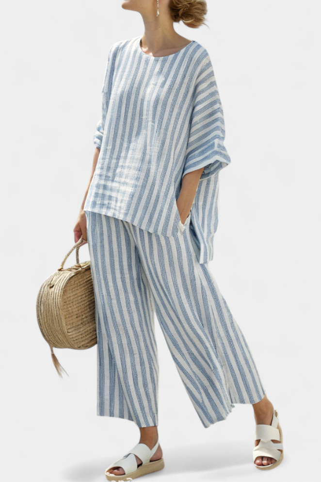 Rensleigh | Sophisticated Striped Blue Linen Set with Casual Pants