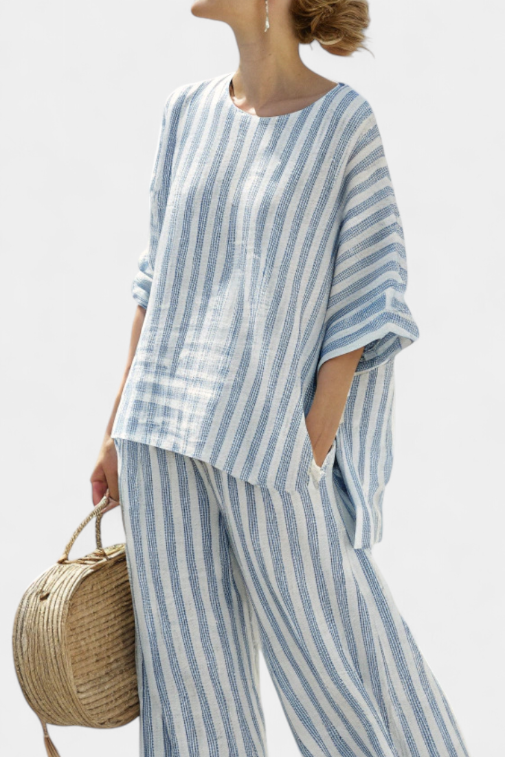Rensleigh | Sophisticated Striped Blue Linen Set with Casual Pants