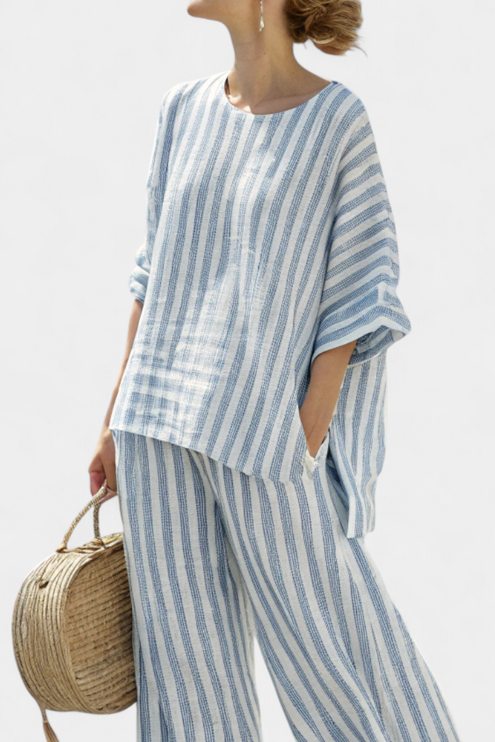 Rensleigh | Sophisticated Striped Blue Linen Set with Casual Pants