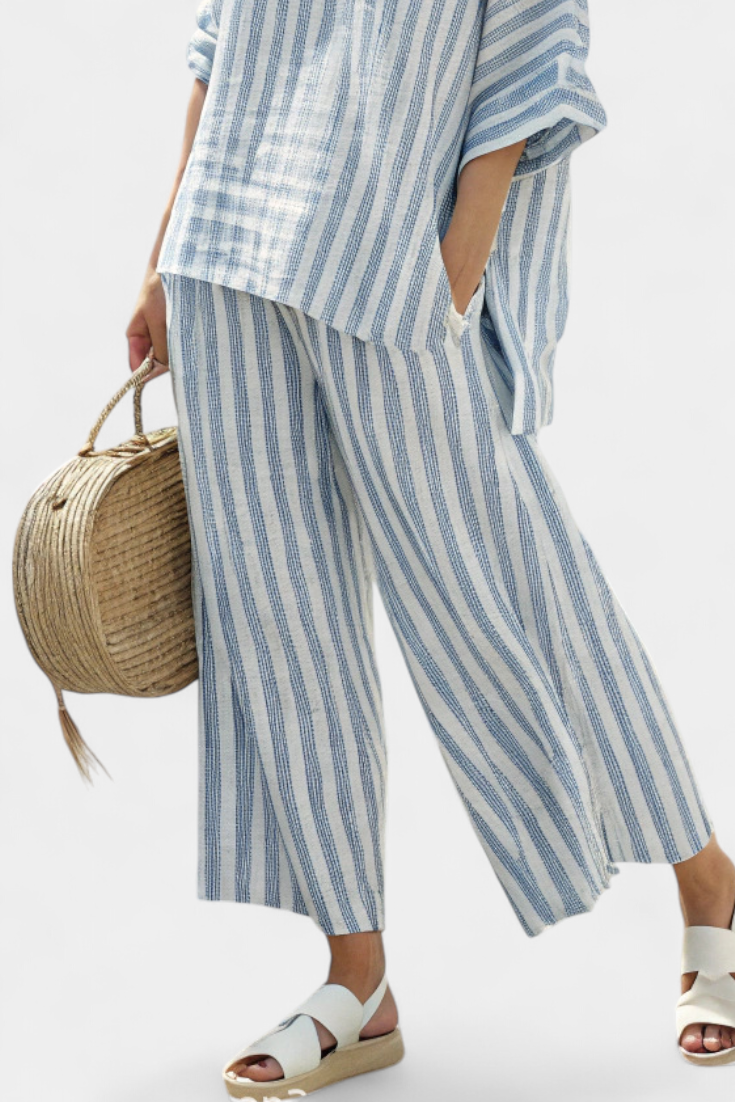 Rensleigh | Sophisticated Striped Blue Linen Set with Casual Pants