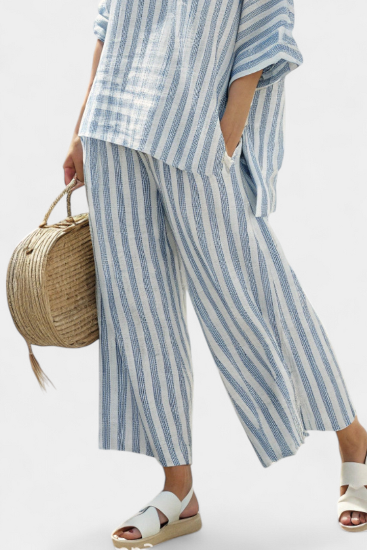 Rensleigh | Sophisticated Striped Blue Linen Set with Casual Pants