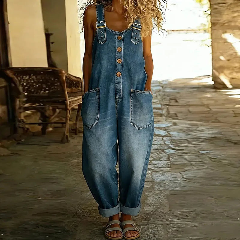 Saylor - Vintage Soft Cotton Denim-Look Overalls with Adjustable Straps